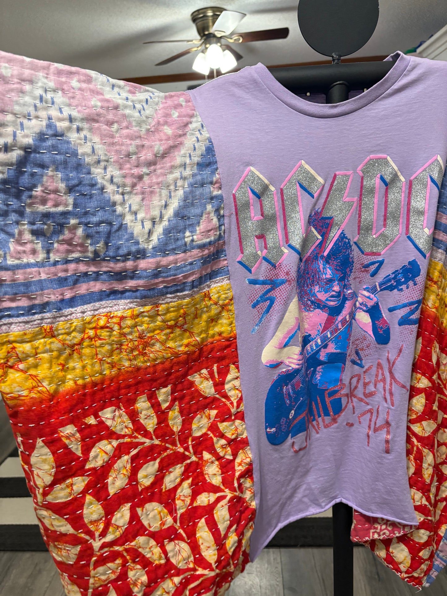 AC/DC Upcycled Kantha Closed Side Poncho Fits a Small to 3X Super Oversized