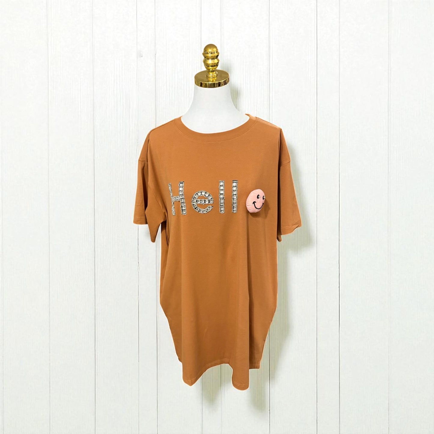 Hello Tunic Tshirt Dress Camel