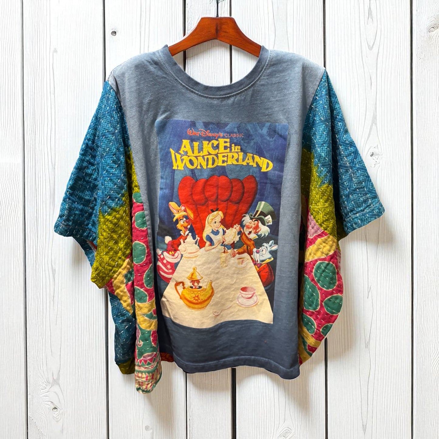 Alice in Wonderland Upcycled Vintage Kantha Poncho Tee Fits A Size Small to XXL