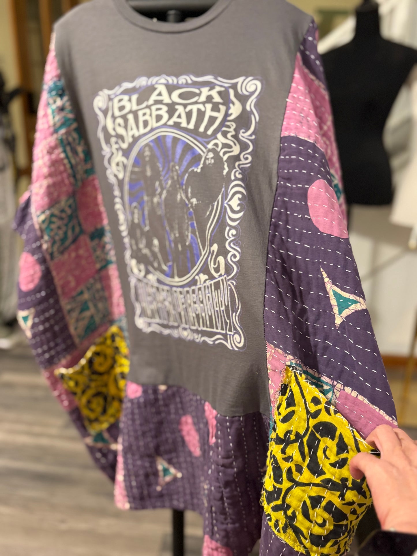 Black Sabbath Upcycled Kantha Dress Fits a Small to 3X Super Oversized