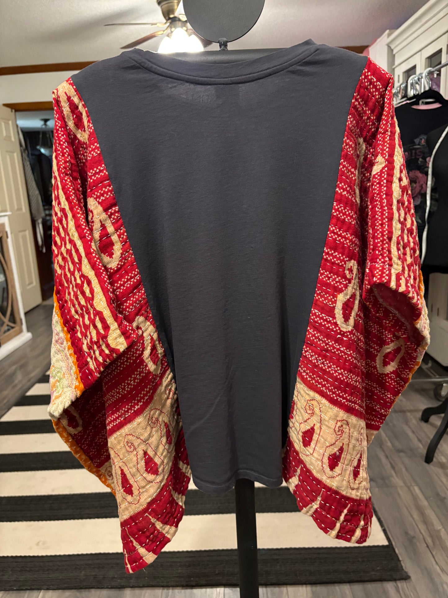 Hocus Pocus Upcycled Vintage Kantha Poncho Tee Fits A Size Small to XL
