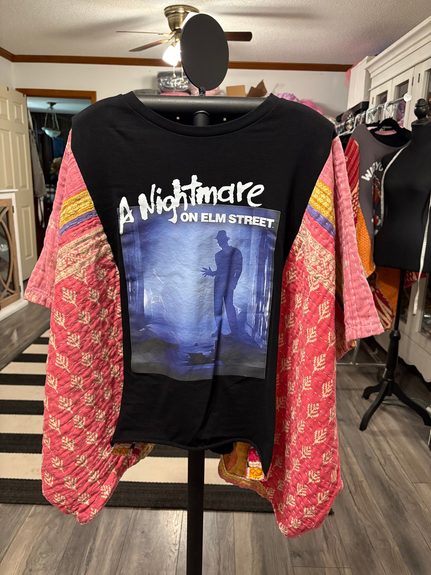 Nightmare on Elm Street Upcycled Vintage Kantha Poncho Tee Fits A Size Small to XL