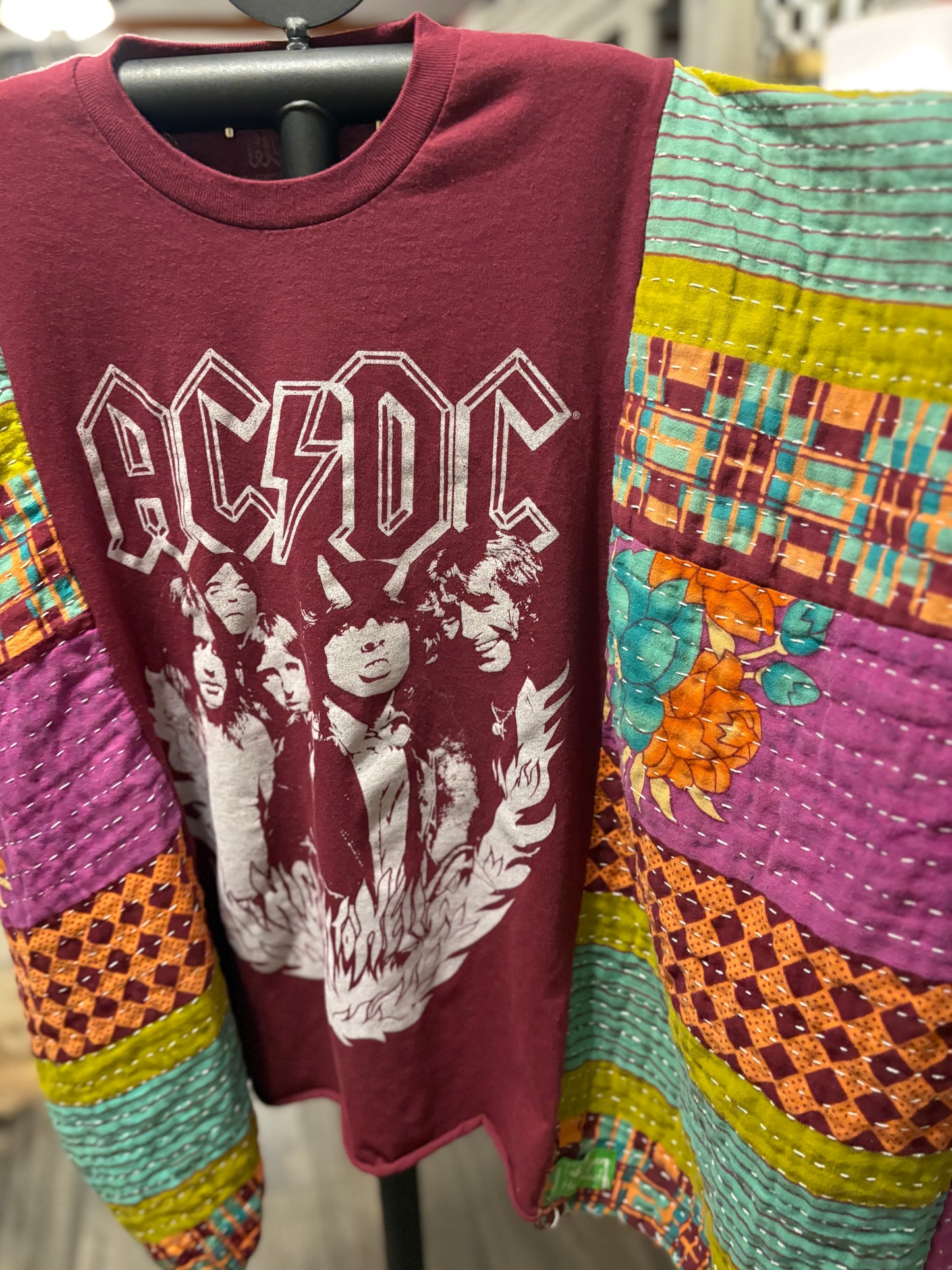 AC/DC Upcycled Vintage Kantha Poncho Tee Fits A Size Small to XXL