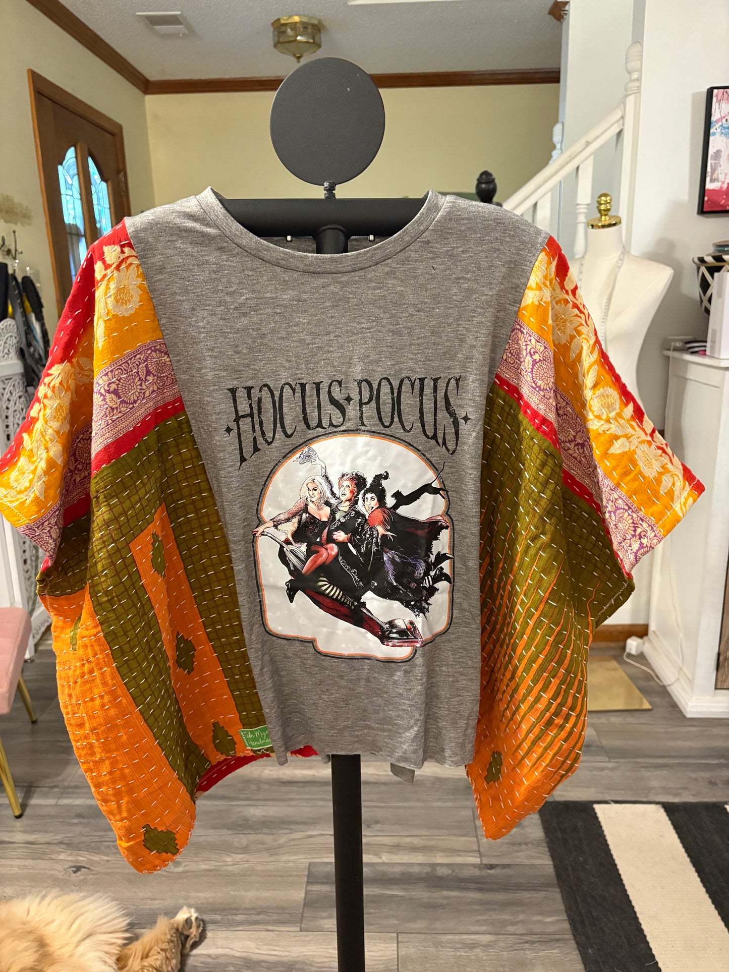 Hocus Pocus Upcycled Kantha Closed Side Poncho Fits a Small to 3X Super Oversized Petite Length