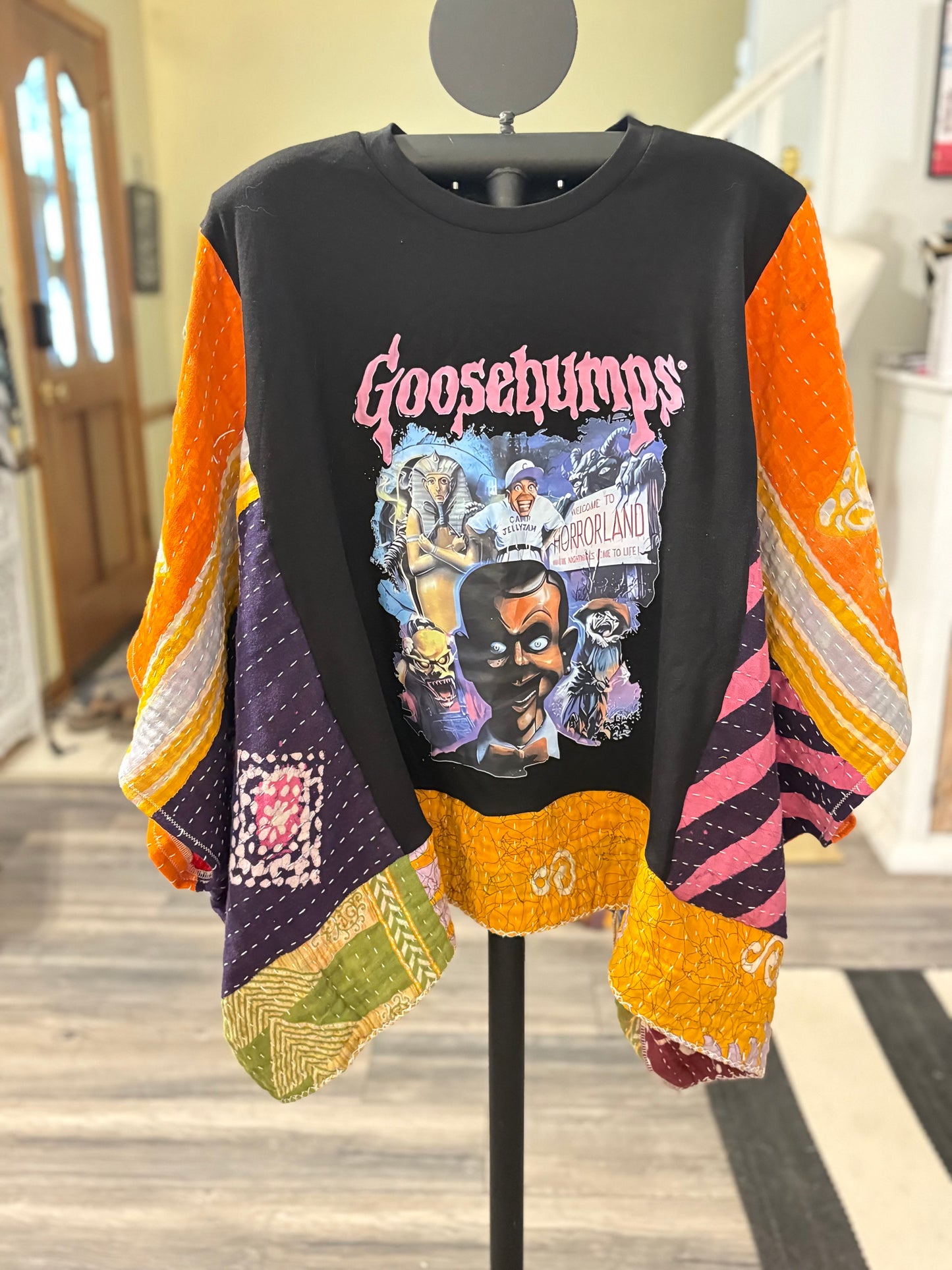 Goosebumps Upcycled Kantha Closed Side Poncho Fits a Small to 3X Super Oversized