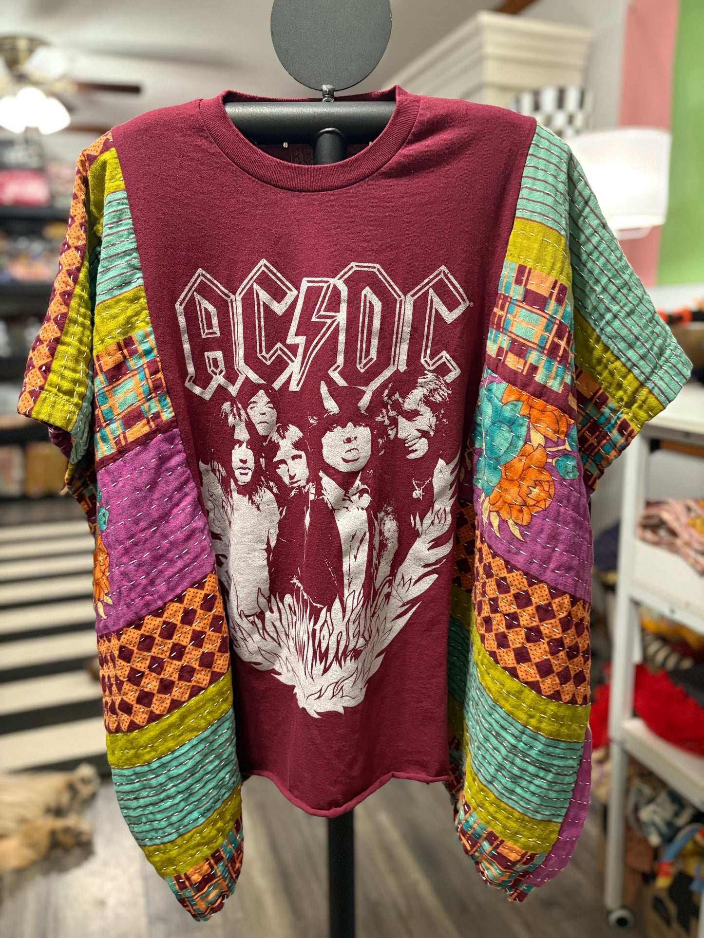 AC/DC Upcycled Vintage Kantha Poncho Tee Fits A Size Small to XXL