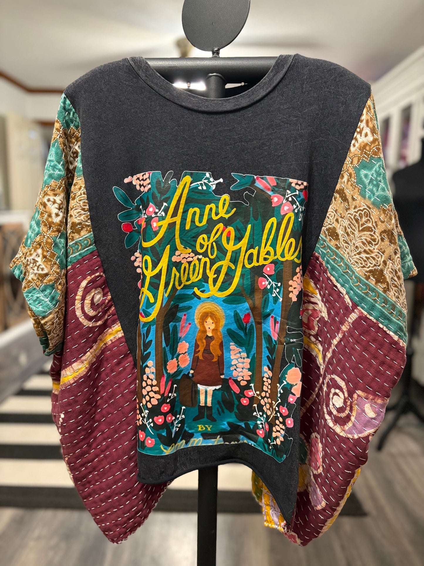 Anne of Green Gables Upcycled Vintage Kantha Poncho Tee Fits A Size Small to XXL