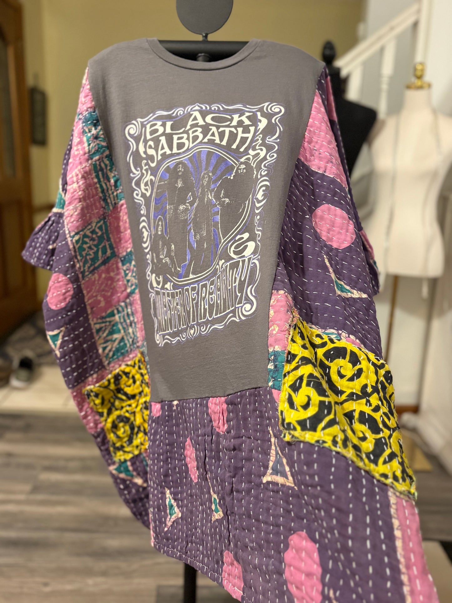 Black Sabbath Upcycled Kantha Dress Fits a Small to 3X Super Oversized