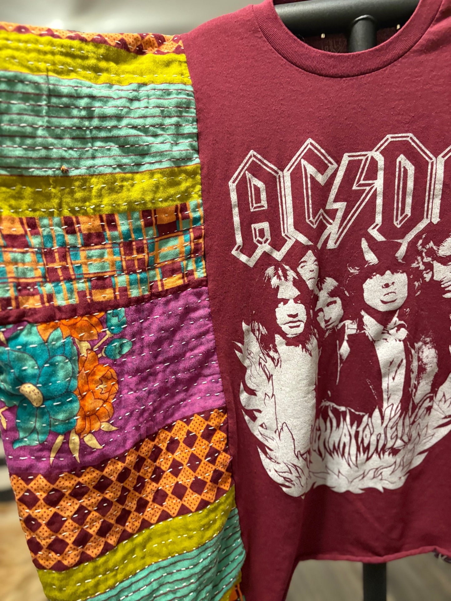 AC/DC Upcycled Vintage Kantha Poncho Tee Fits A Size Small to XXL