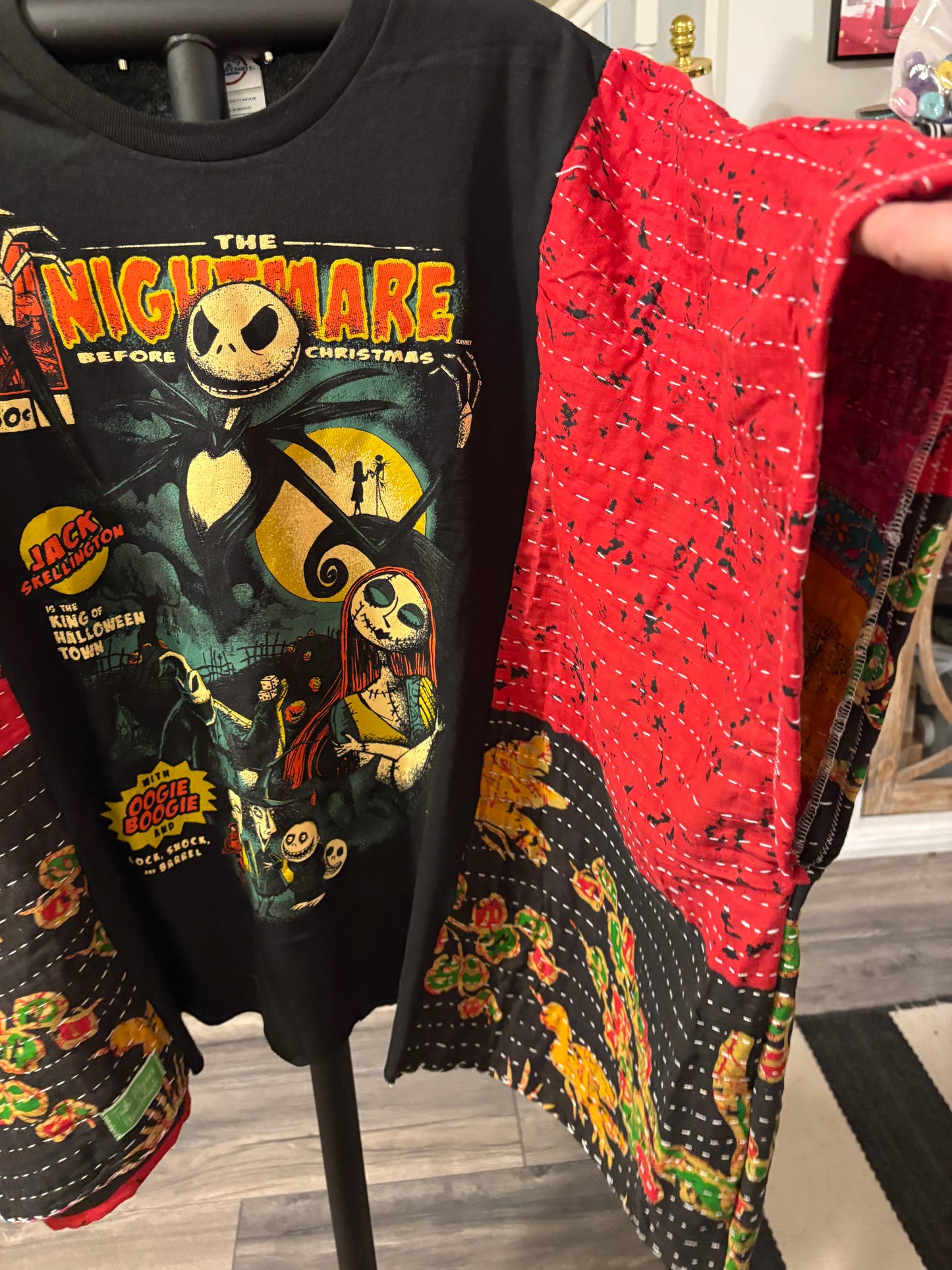 Nightmare Before Christmas Upcycled Kantha Closed Side Poncho Fits a Small to 3X Super Oversized