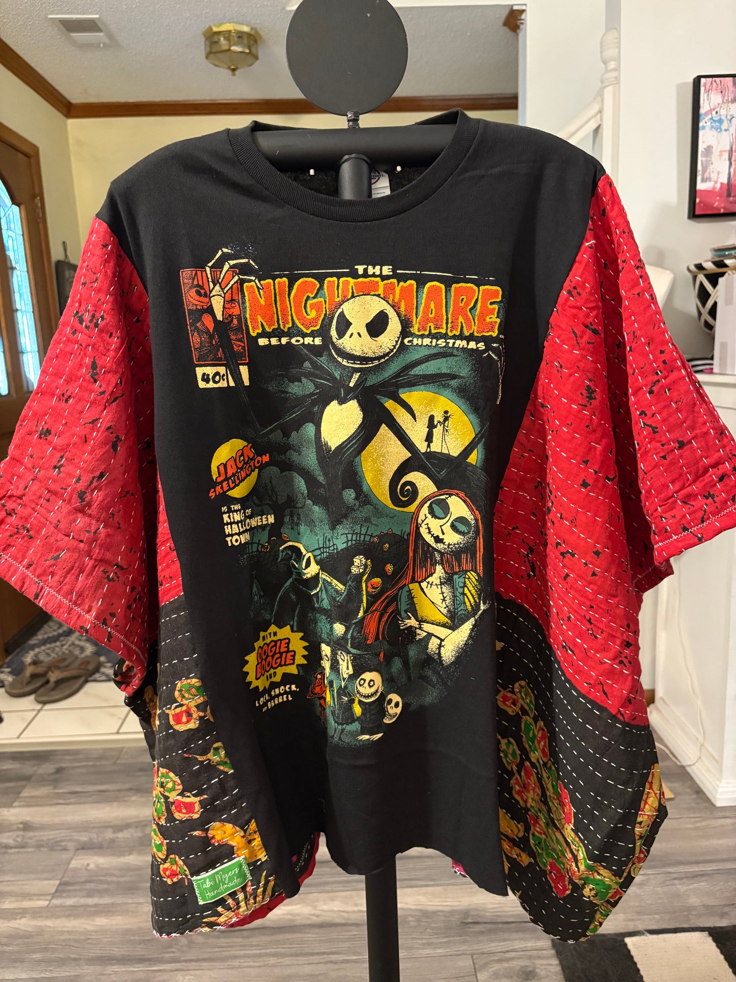 Nightmare Before Christmas Upcycled Kantha Closed Side Poncho Fits a Small to 3X Super Oversized