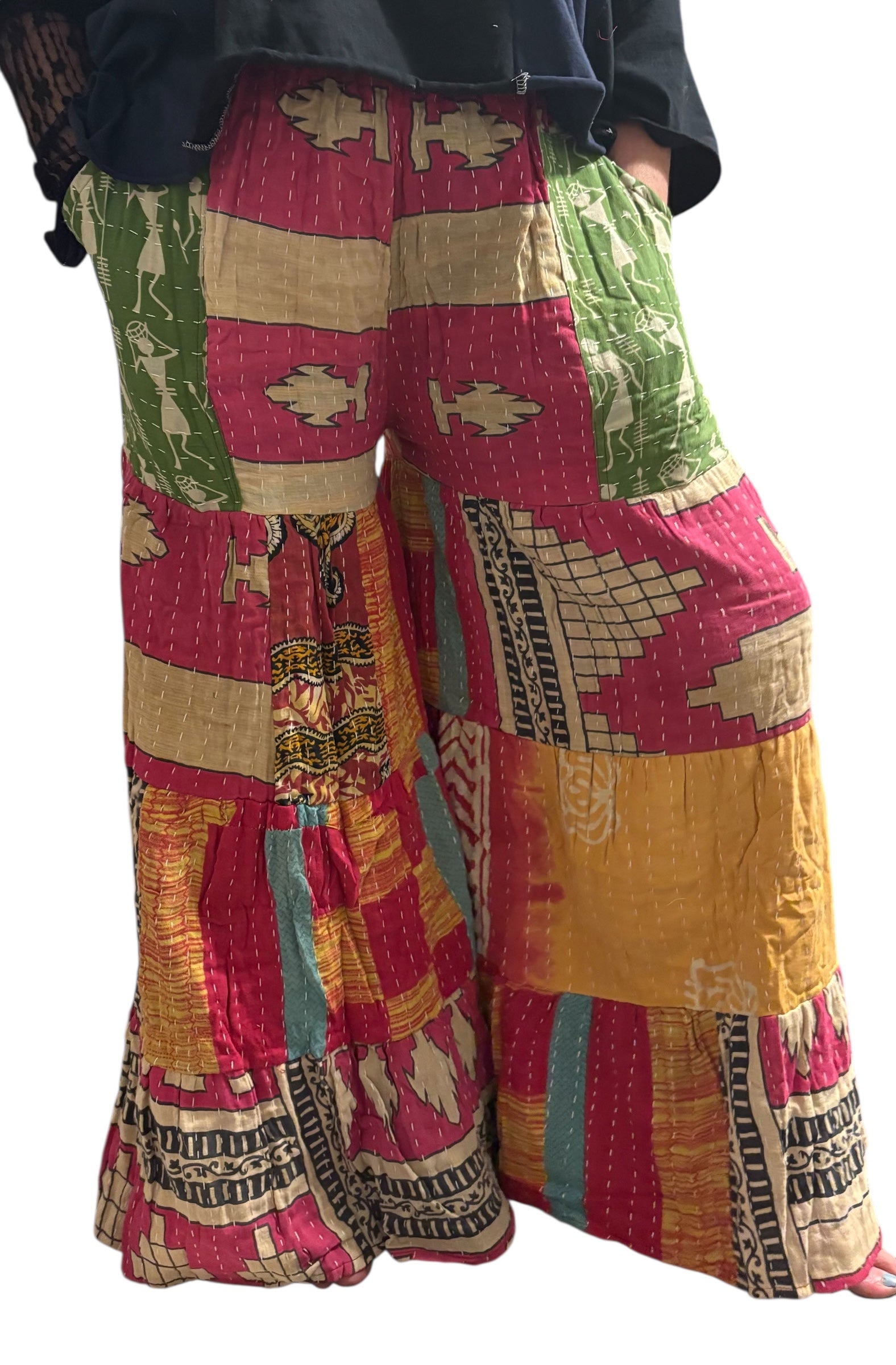 Donna Kantha Flowy Tiered Reversible Palazzo Pant with