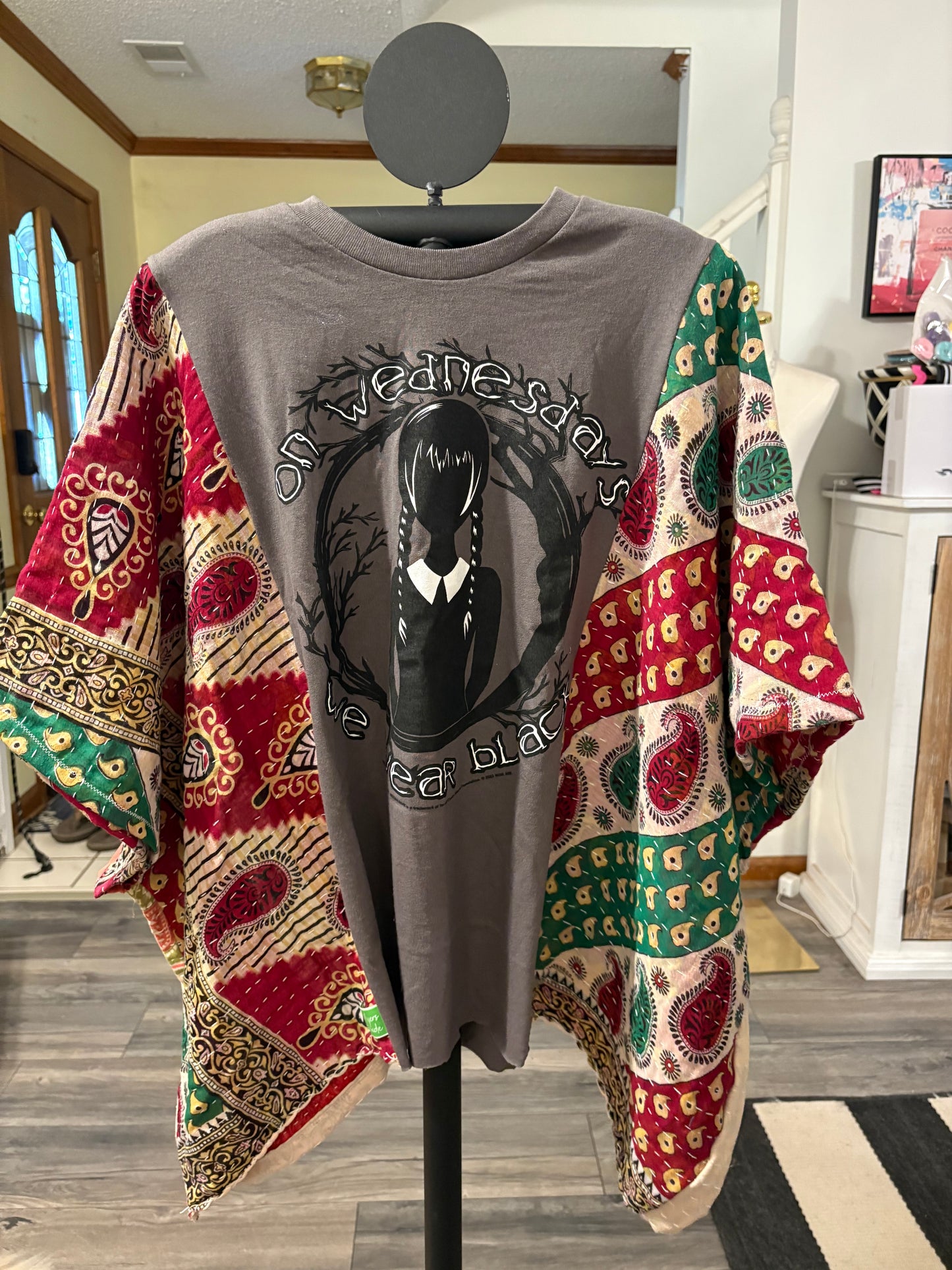 Wednesday Upcycled Kantha Closed Side Poncho Fits a Small to 3X Super Oversized