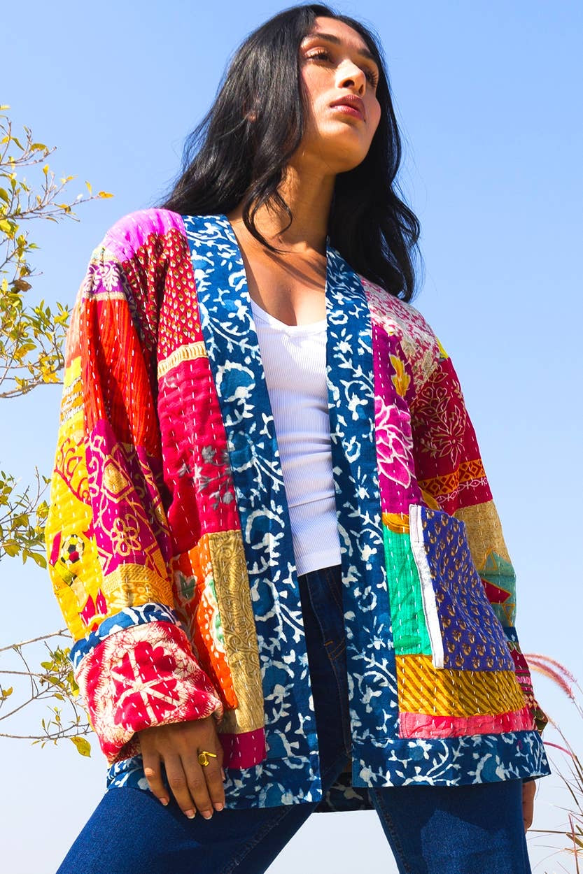 Jackie Reversible Kantha Quilted Sari Jacket Fits a Small to Large