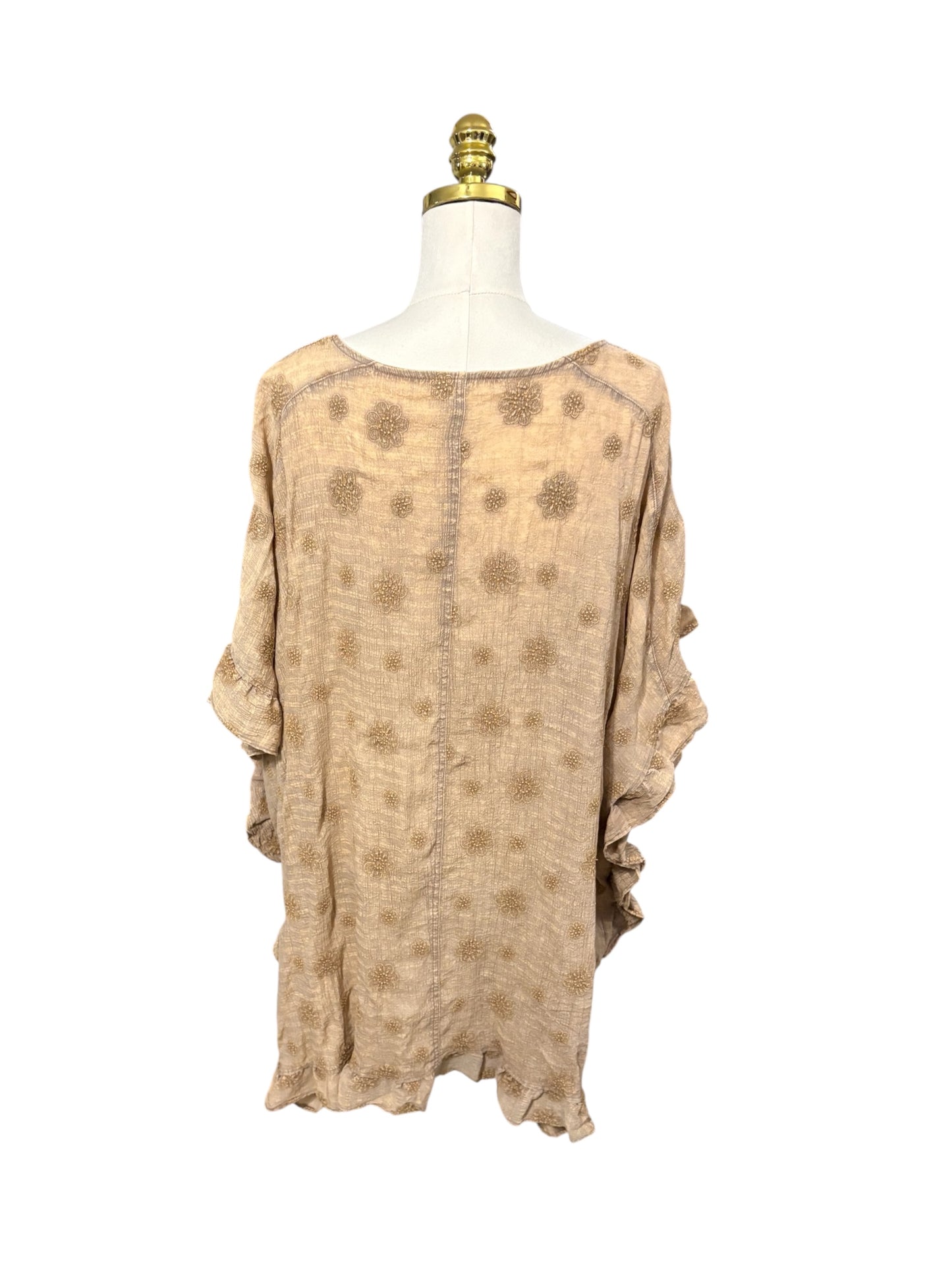 Easel Embroidered Gauze Mineral Wash Ruffled Duster in Mocha