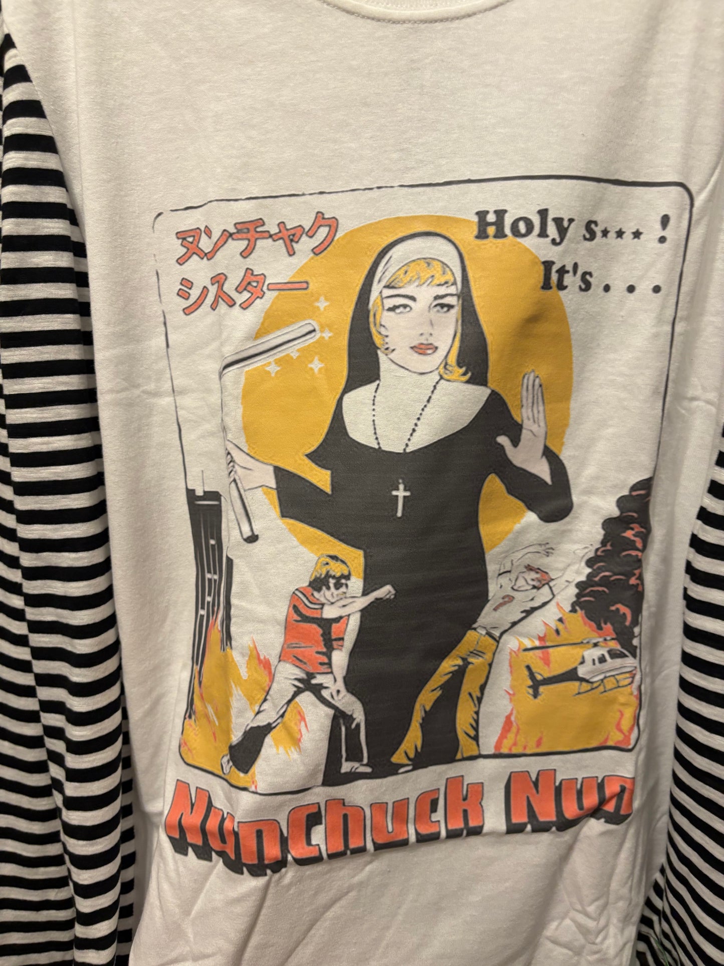 Nunchuck-Nun Upcycled Long-Sleeve Knit Tee Small to XXL