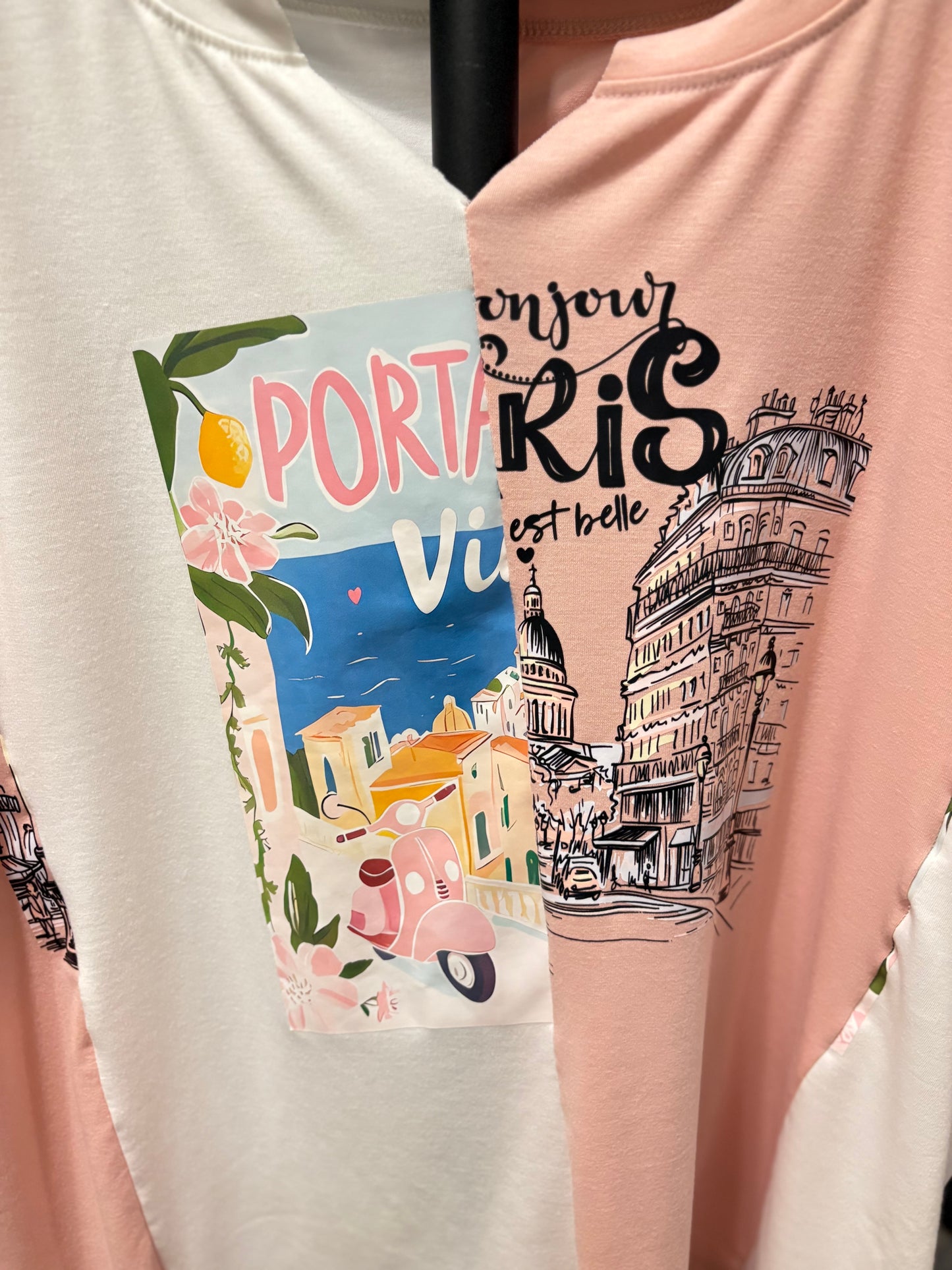 Trendy colorblock t-shirt featuring Paris-themed graphic and vibrant prints, perfect for casual wear. Detail
