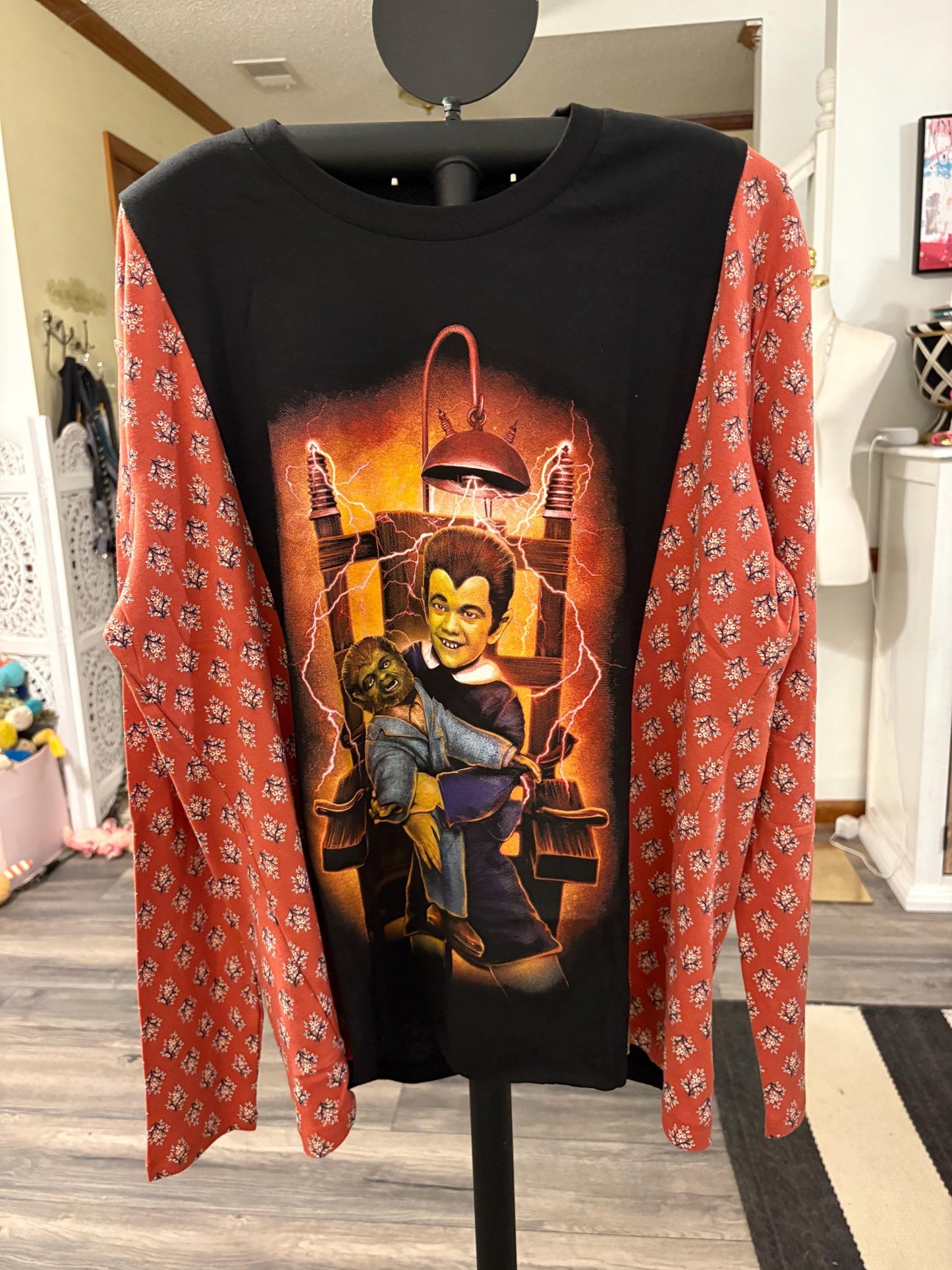 Eddie Munster Upcycled Drop Shoulder Long Sleeve Tee Fits a Small to XL