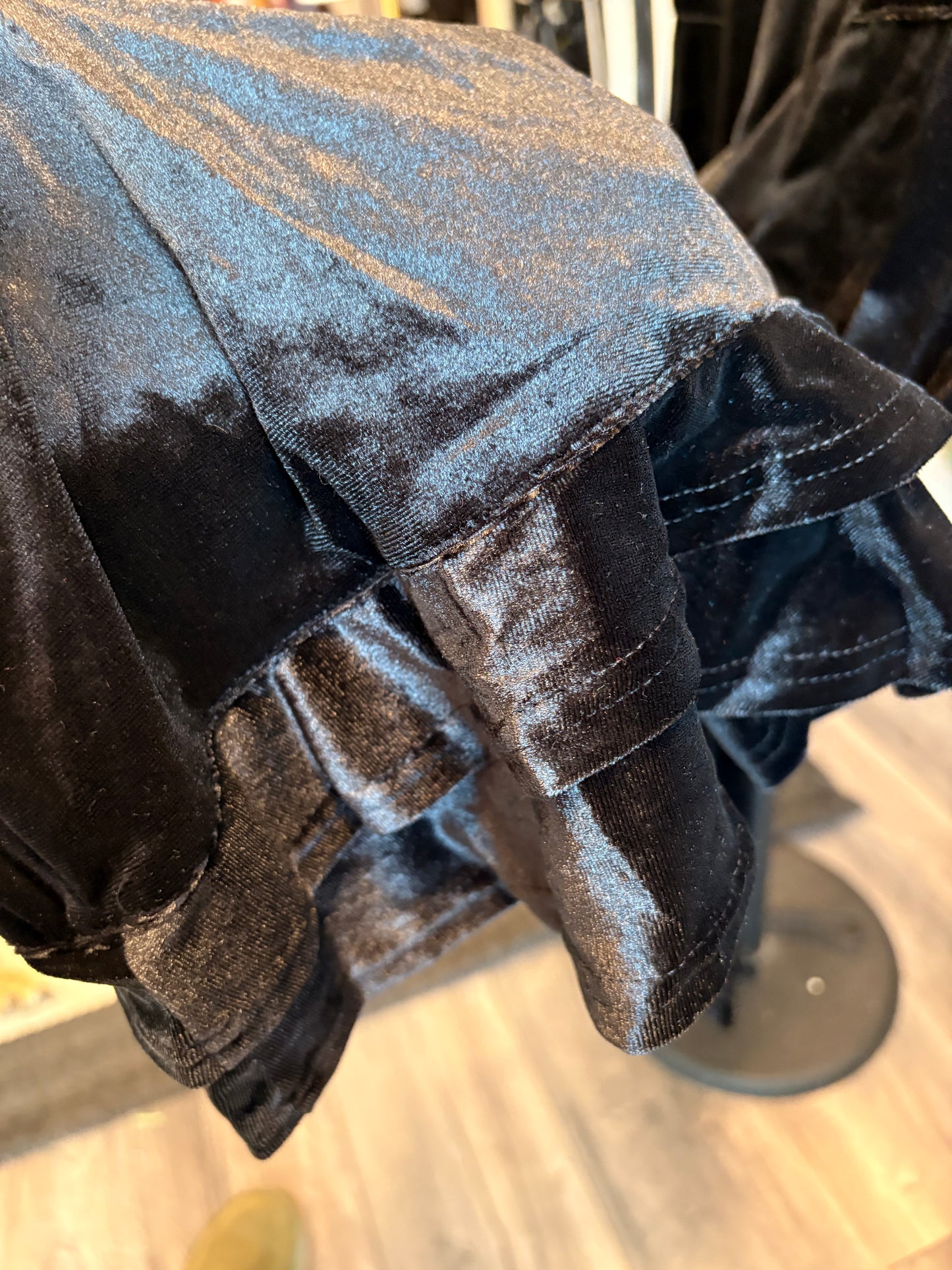 Black Embroidered Velvet Ruffled Bottom Pants