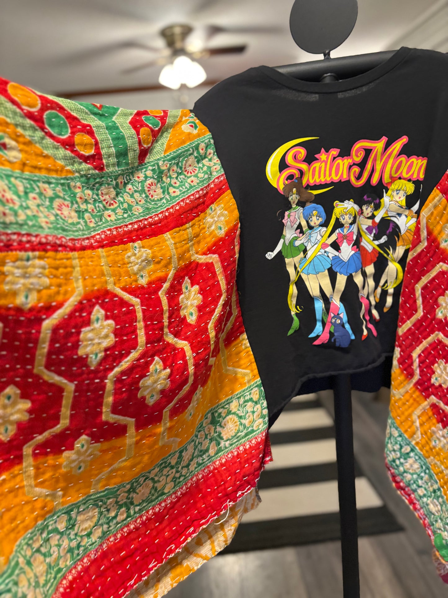 Sailor Moon Upcycled Vintage Kantha Poncho Tee Fits A Size Small to XXL CROPPED