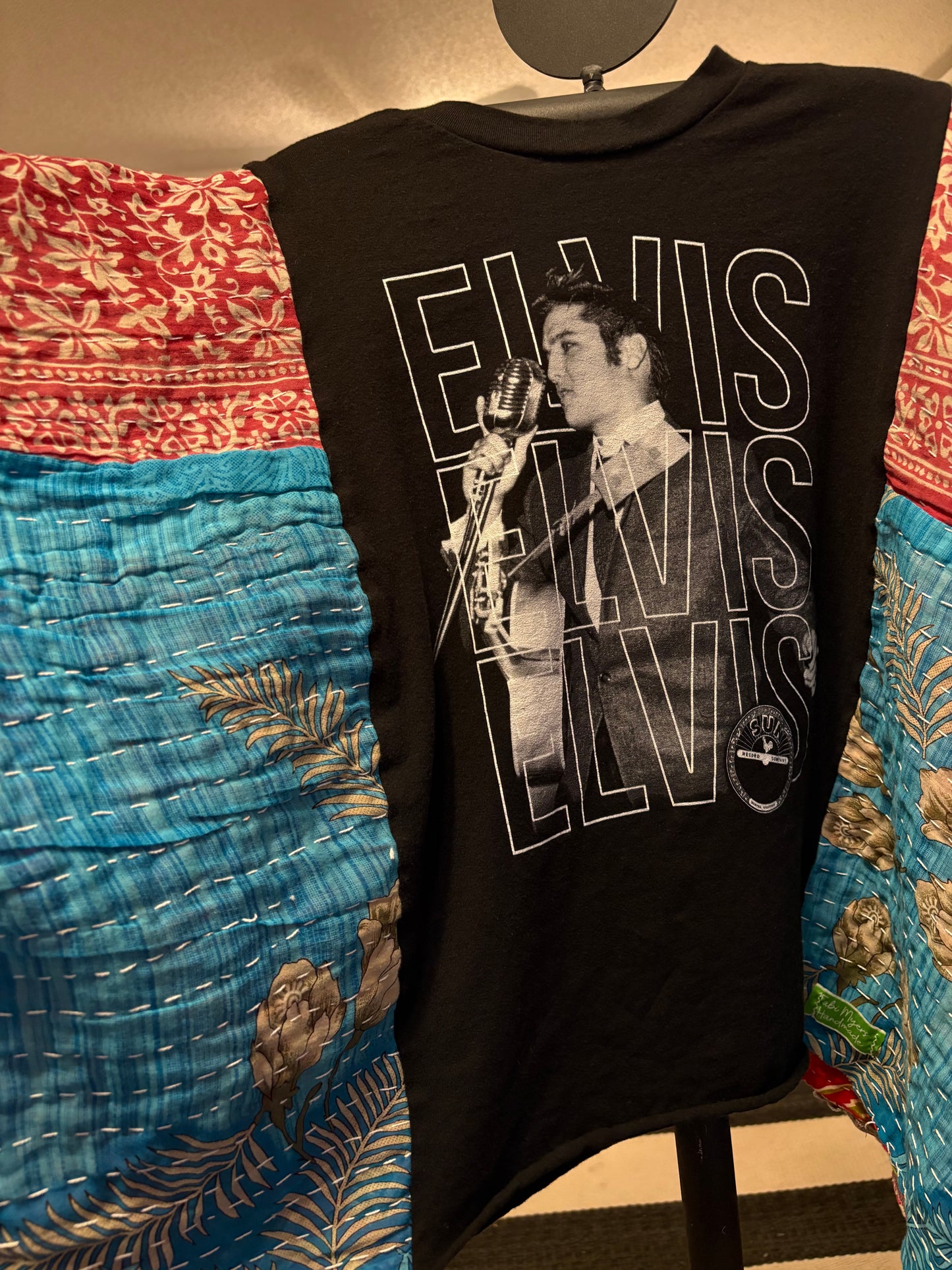 Elvis Upcycled Vintage Kantha Quilt Poncho Tee One Size Fits a Small to XXL
