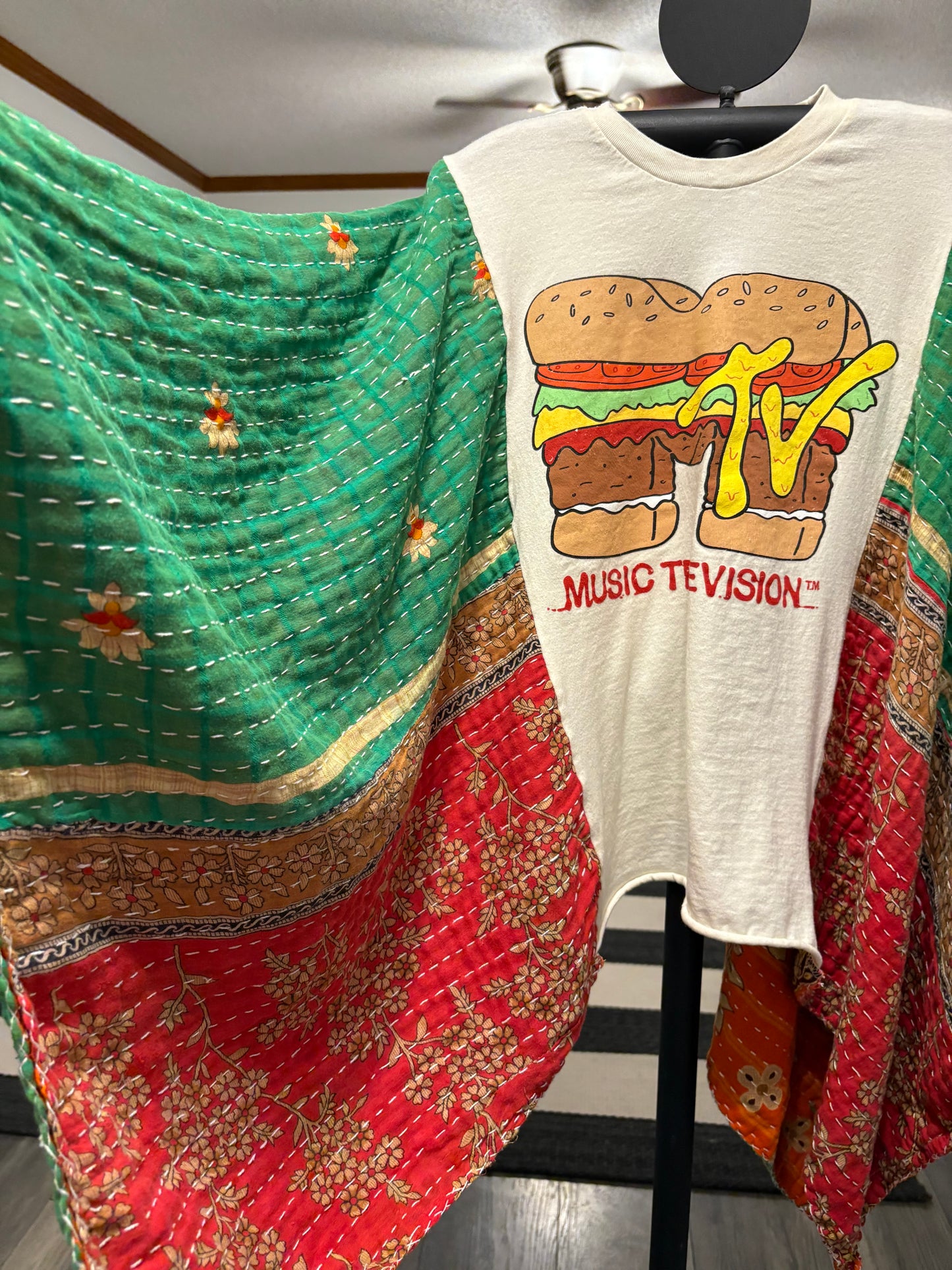 MTV Burger Upcycled Vintage Kantha Poncho Tee Fits A Size Small to XXL