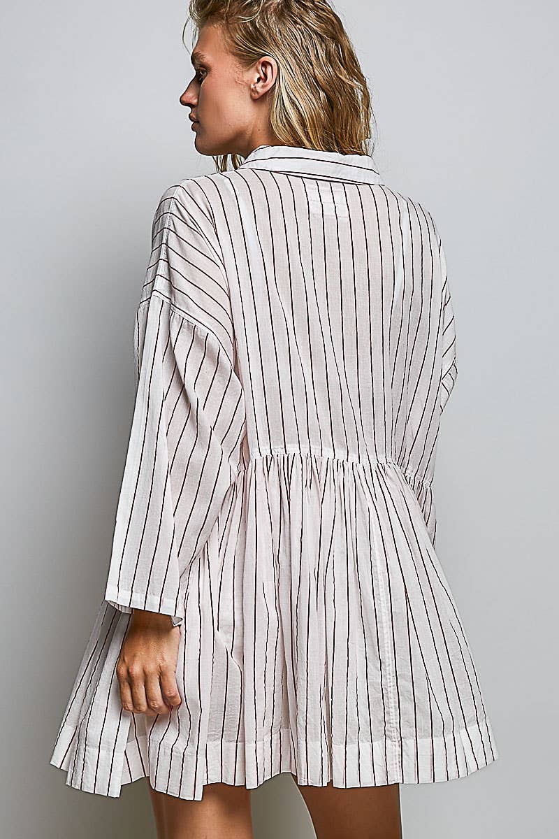 Striped Long Sleeve Collard Shirt Woven Dress : RED STRIPE / L