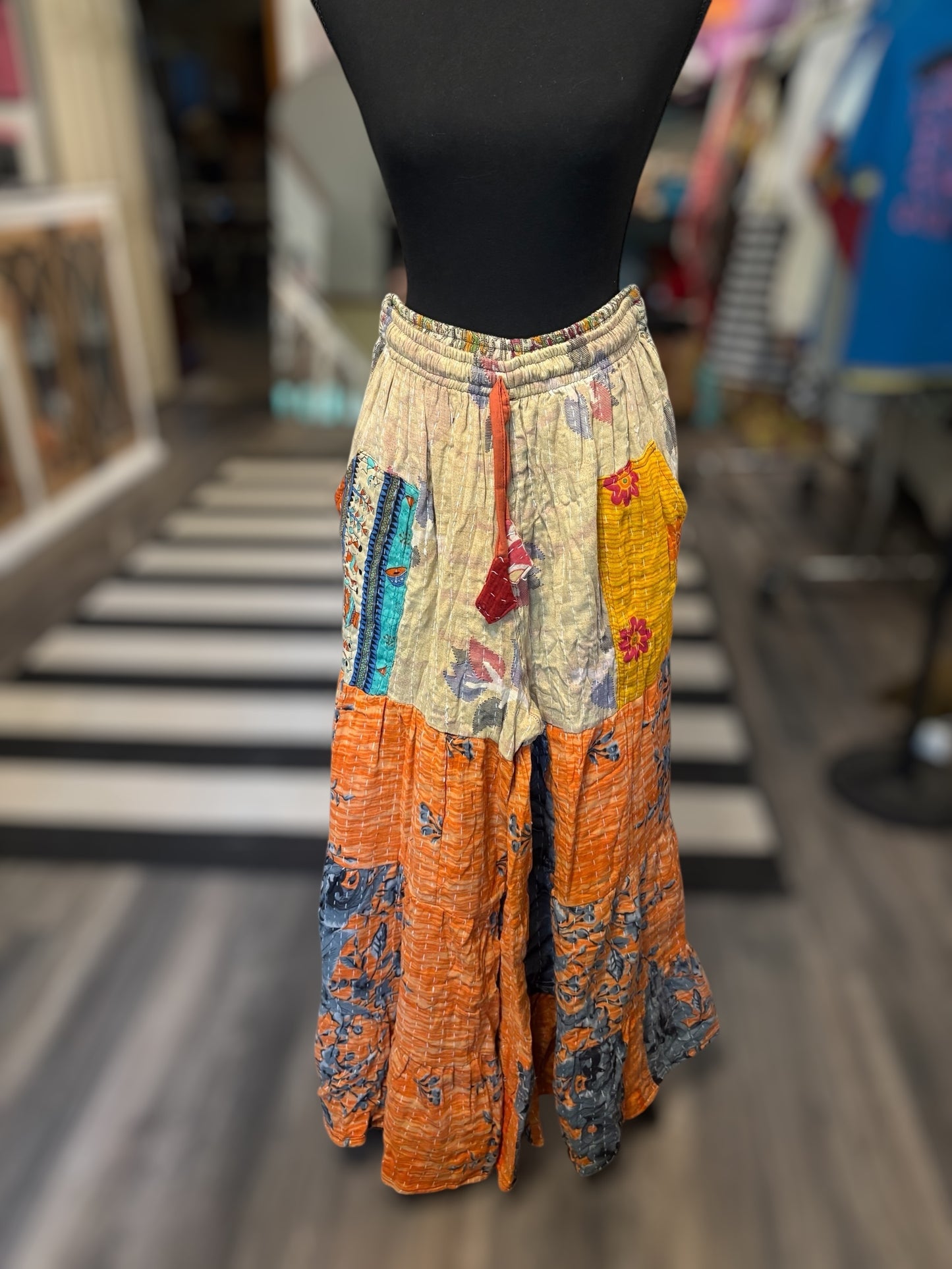Corrin Kantha Flowy Tiered Reversible Palazzo Pant with Pockets: One Size Fits Size 6-16