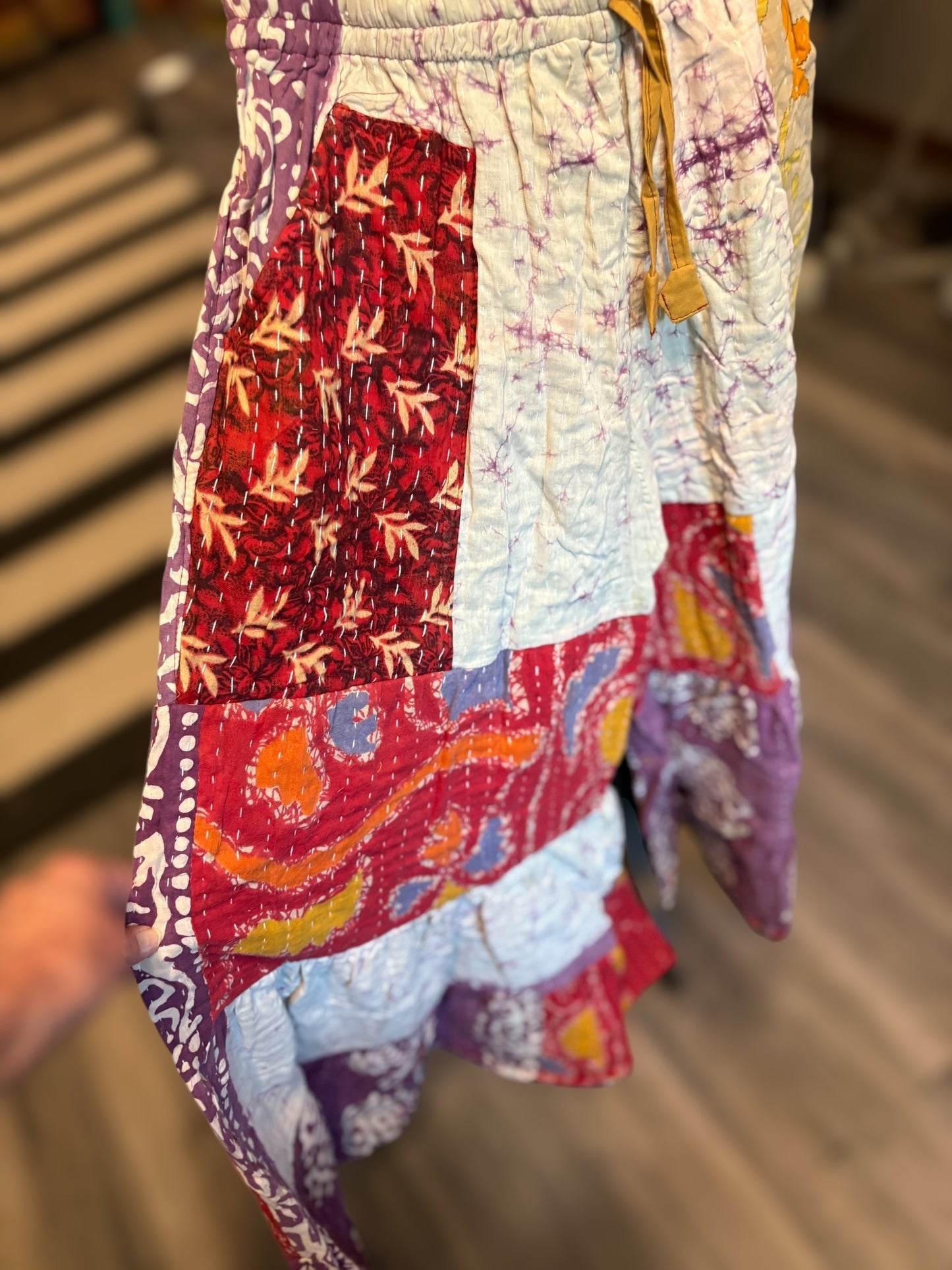 Raven Kantha Flowy Tiered Reversible Palazzo Pant with Pockets: One Size Fits Size 6-16