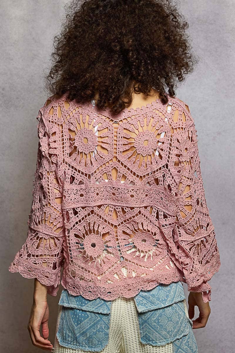 Round neck 3/4 sleeve crochet cropped top: ROSE PINK / Os
