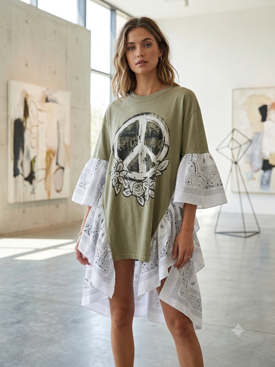 Peace Bandana Ruffle Hi/Lo Tee Fits a Small to XL