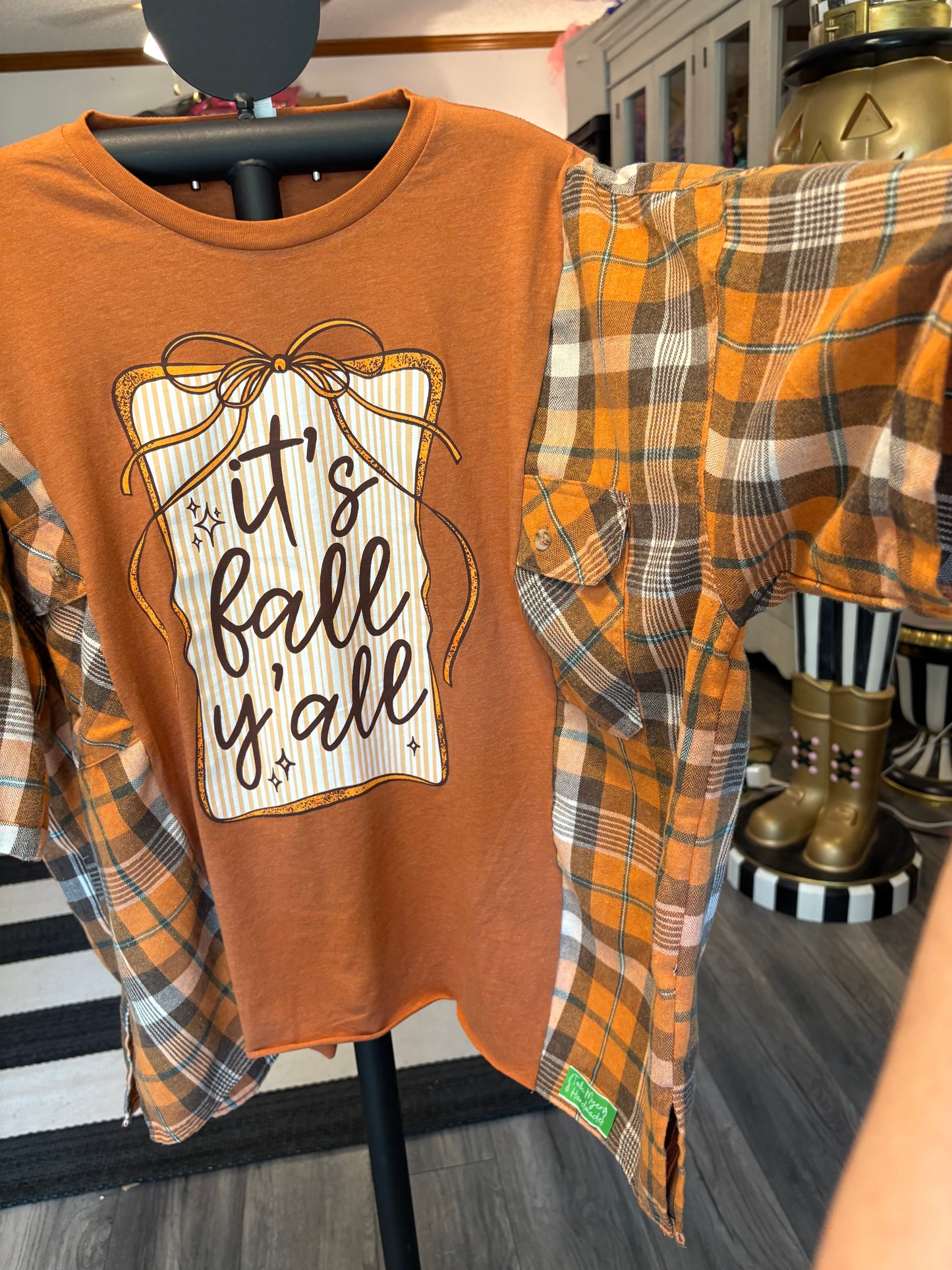 Fall Yall Upcycled Drop-Sleeve Flannel Tee One Size Fits a Small to XXL