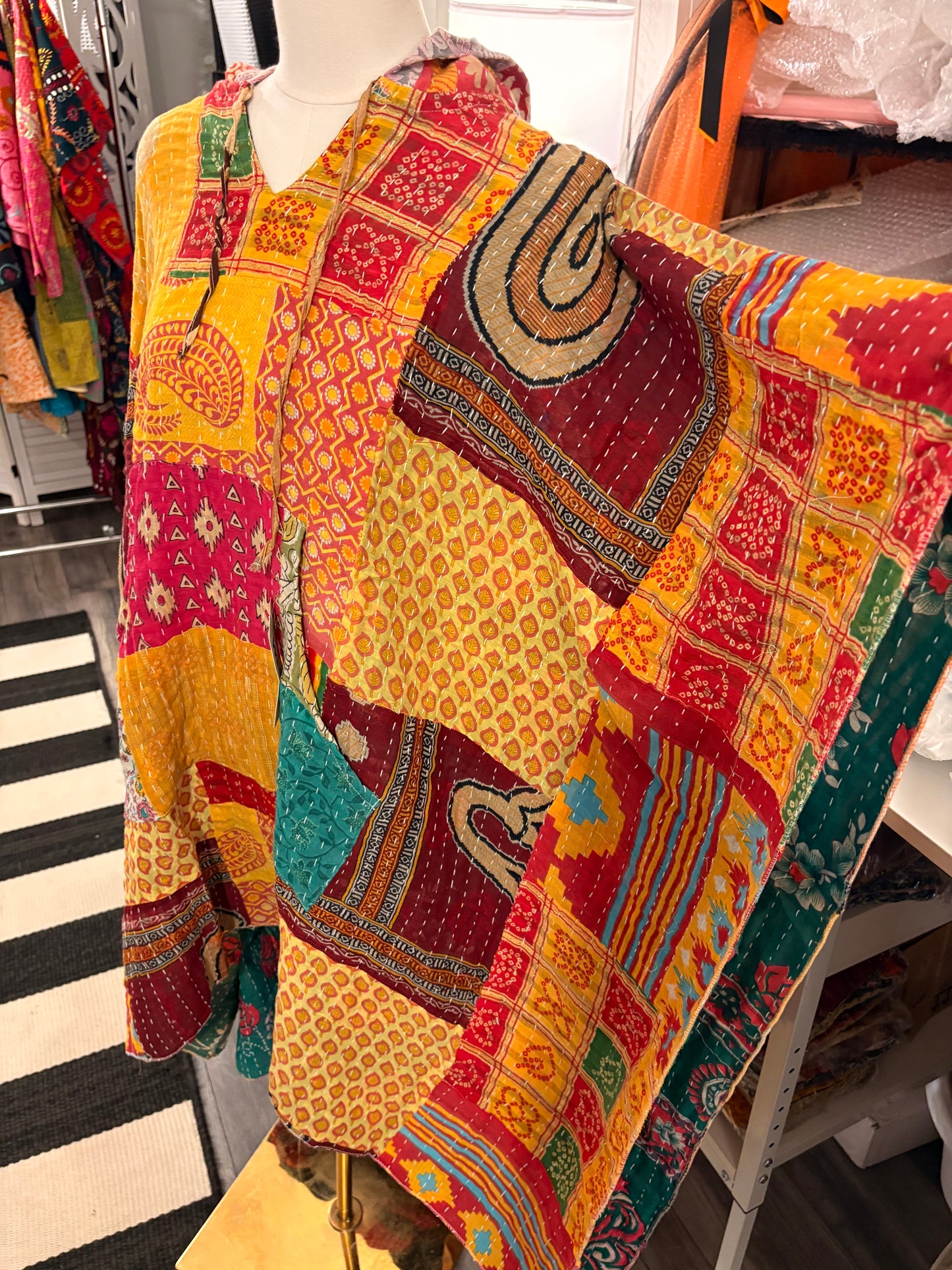 Hope Vintage Kantha Fabric Hood Oversized Poncho Top Dress One Size Fits Most