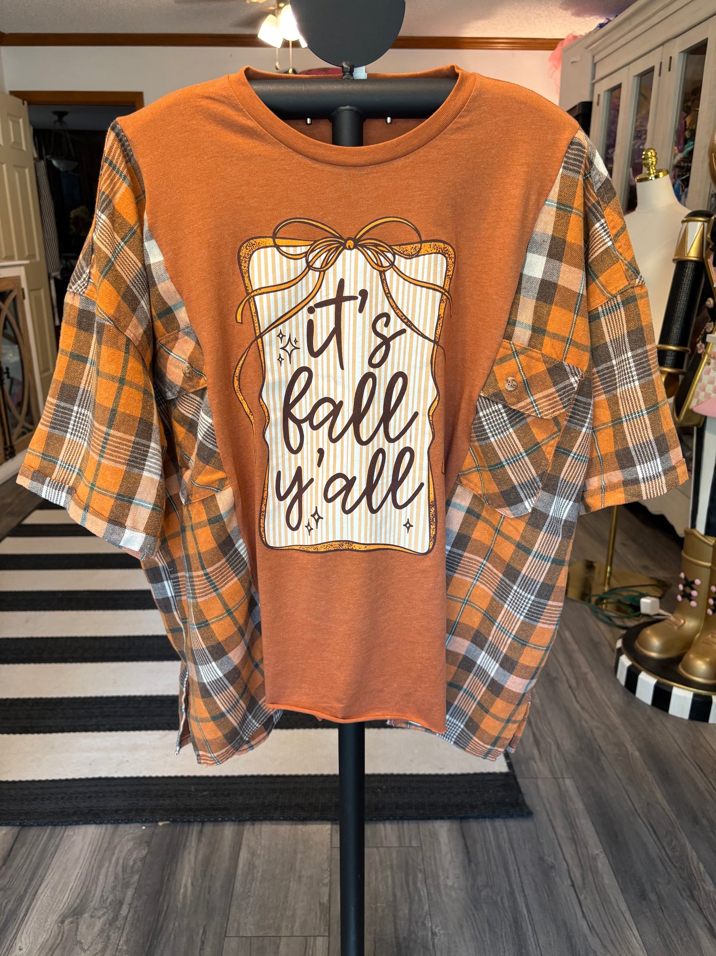 Fall Yall Upcycled Drop-Sleeve Flannel Tee One Size Fits a Small to XXL