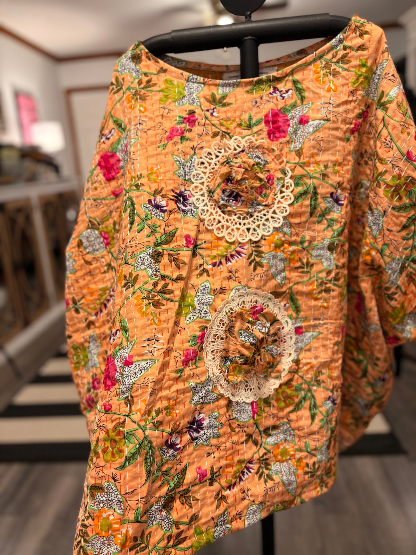 Meredith Cabbage Rose and Crochet Kantha Top One Size Fits a Small to 3X
