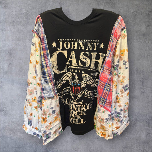 Man in Black Upcycled Frayed Patchwork Tee One Size Fits a Small to Large