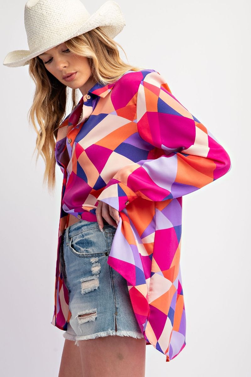 Hot Pink Geo Satin Button Down Shirt