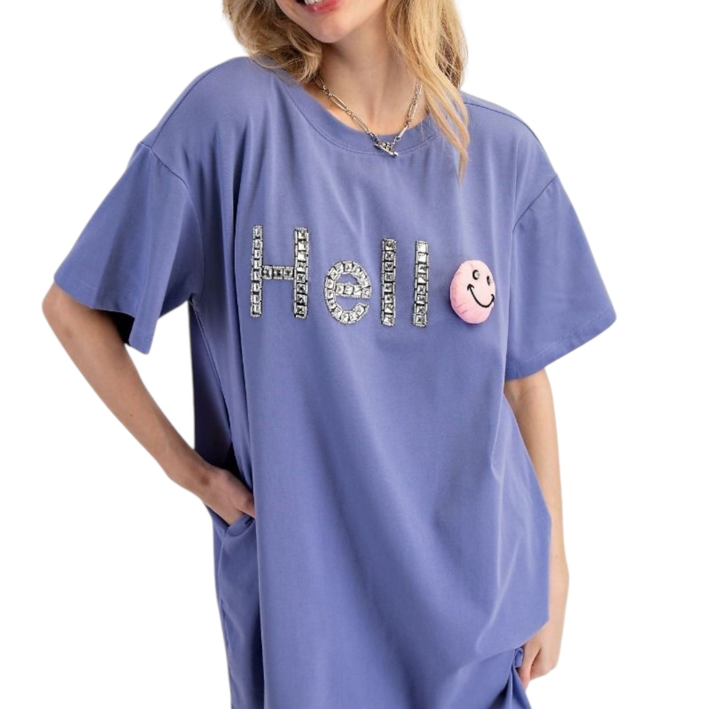 Purple Hello Patched Tunic Tee Dress