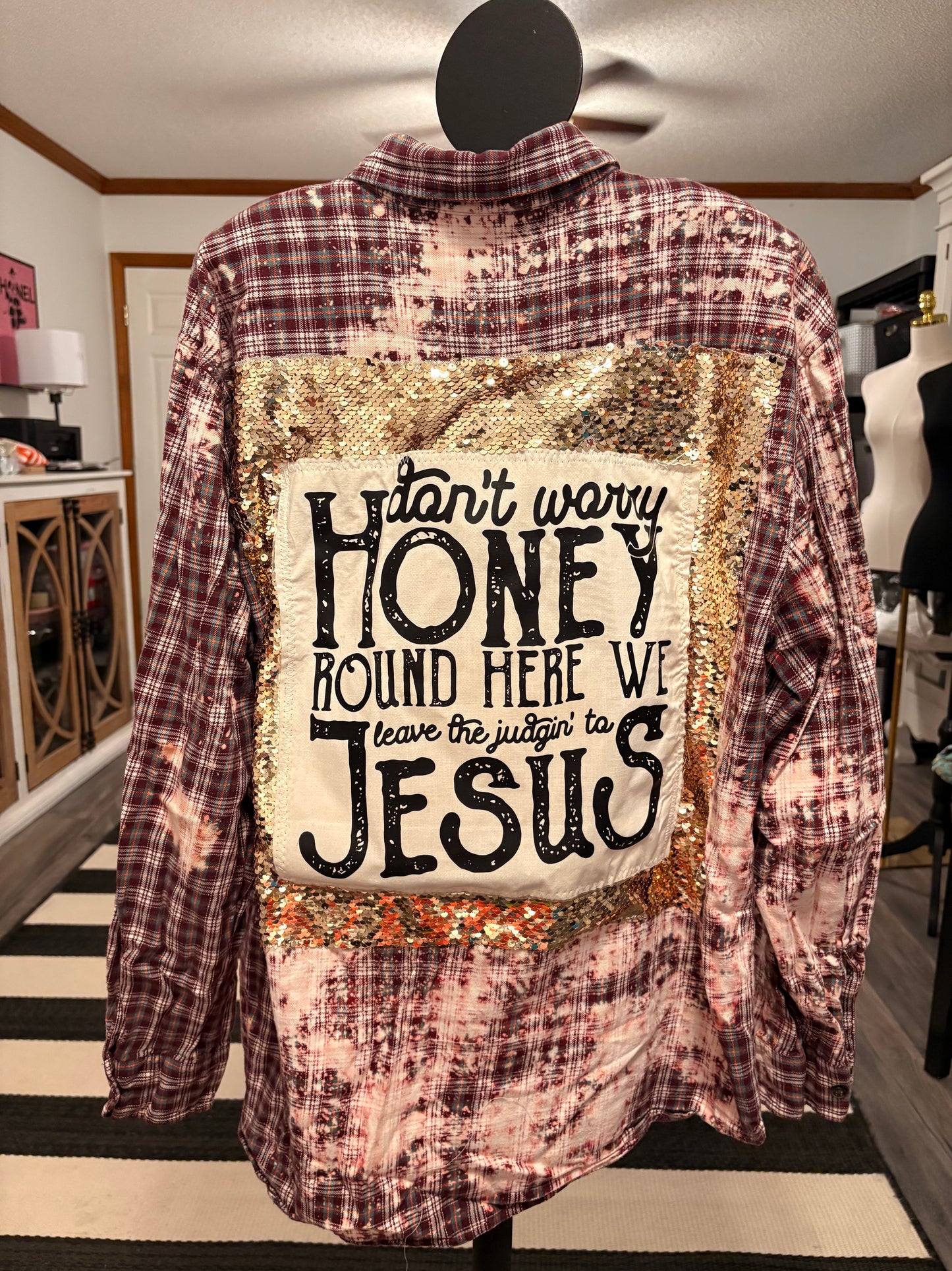 Honey Jesus Flashy Flannel with Sequin Panel Small to XL 4-16