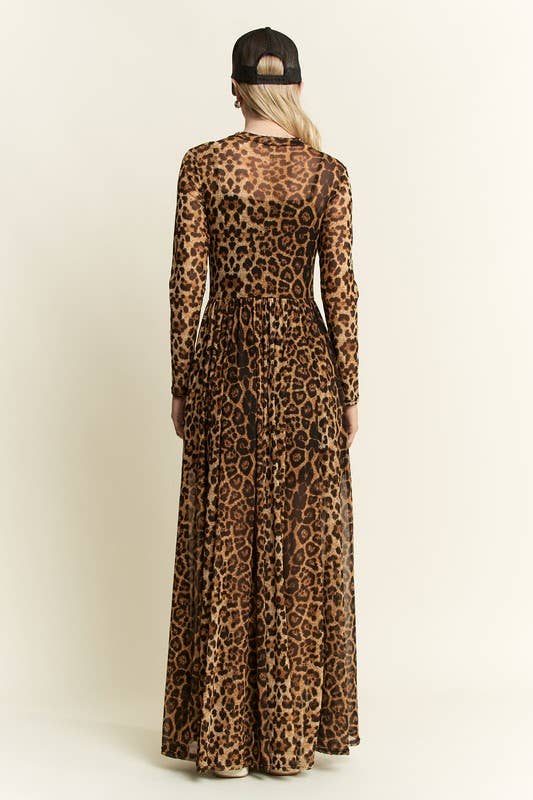 ANIMAL PRINT MESH MOCK DRESS: MOCHA BROWN