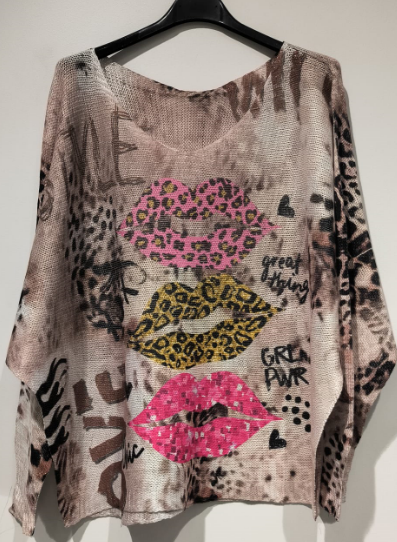 VI073 Beige Lips V-Neck Knit Printed Sweater LOOWIE