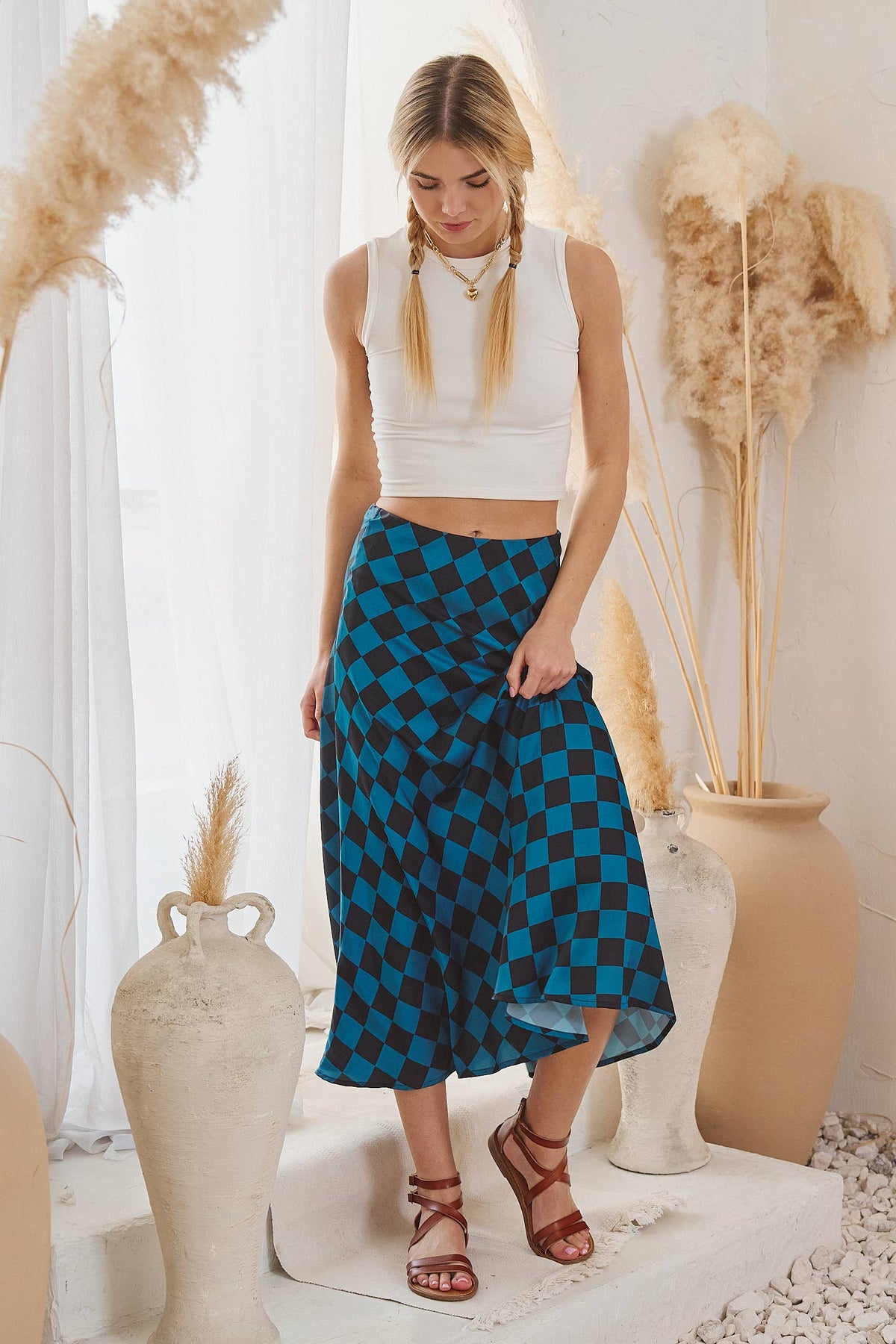 CHECKERED PRINT MIDI SKIRT: TEAL
