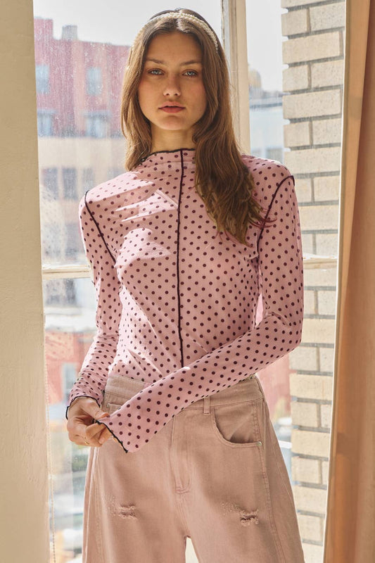 Plus Polka Dot Mesh Turtleneck Top: Pink Burgundy / 3XL
