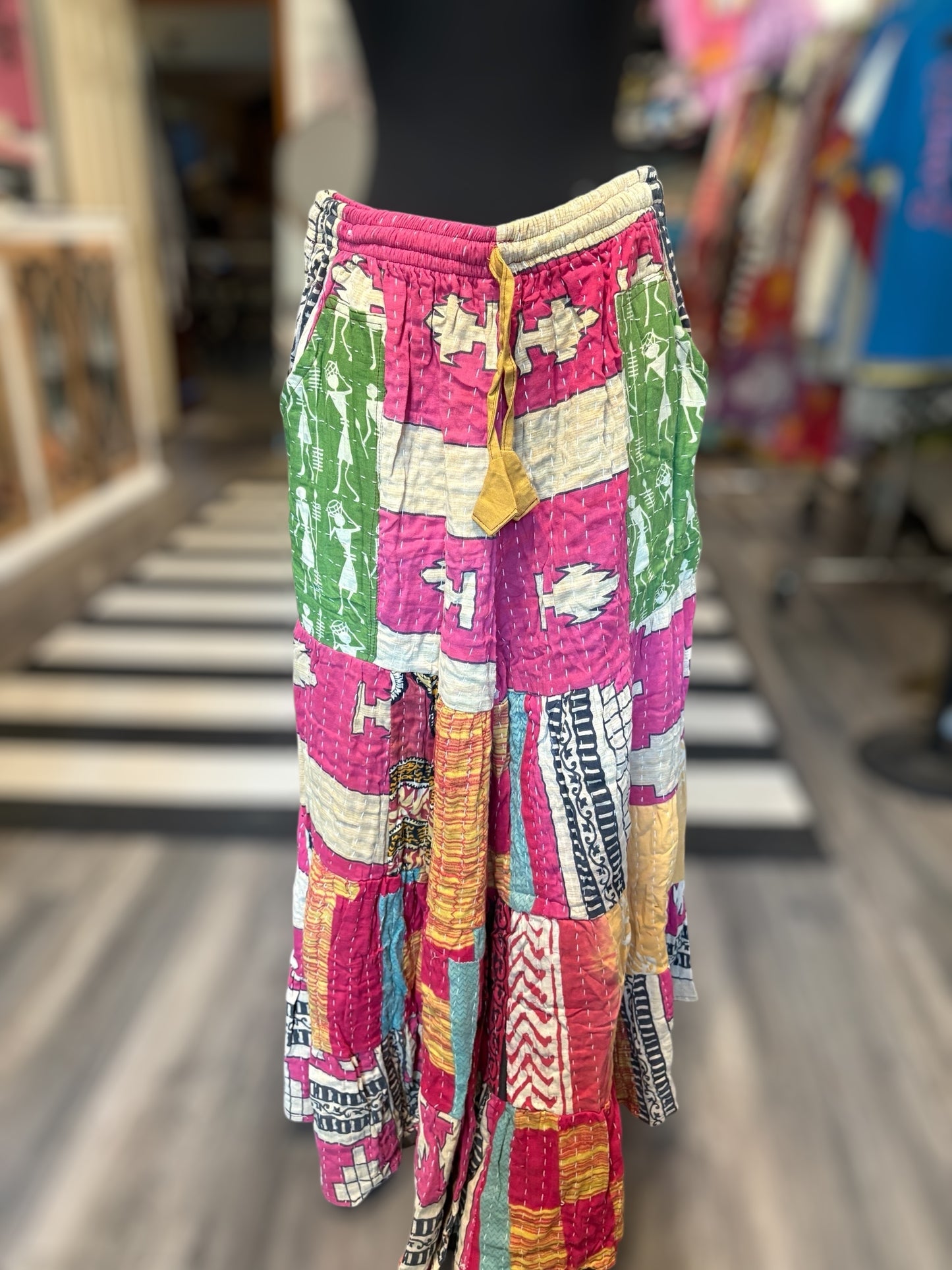 Donna Kantha Flowy Tiered Reversible Palazzo Pant with Pockets: One Size Fits Size 6-16
