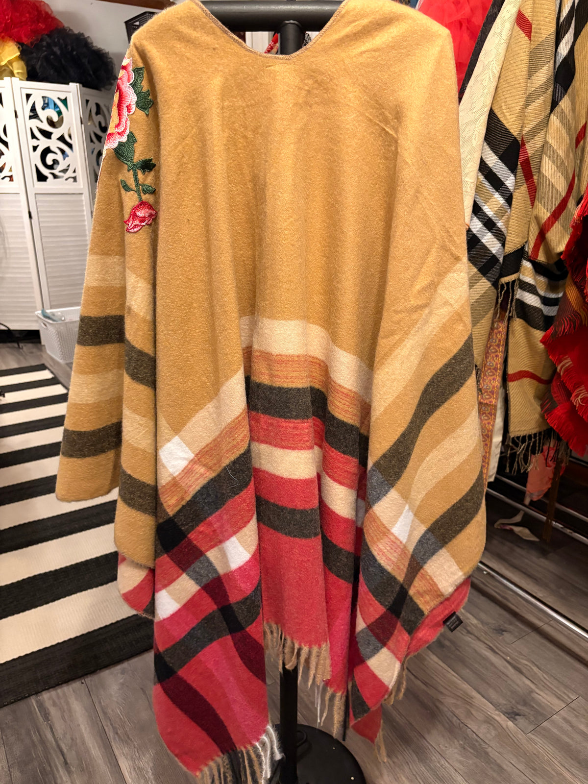 Flora Plaid  Hand Embroidered Cape by Aratta One Size Fits a Small to 3X