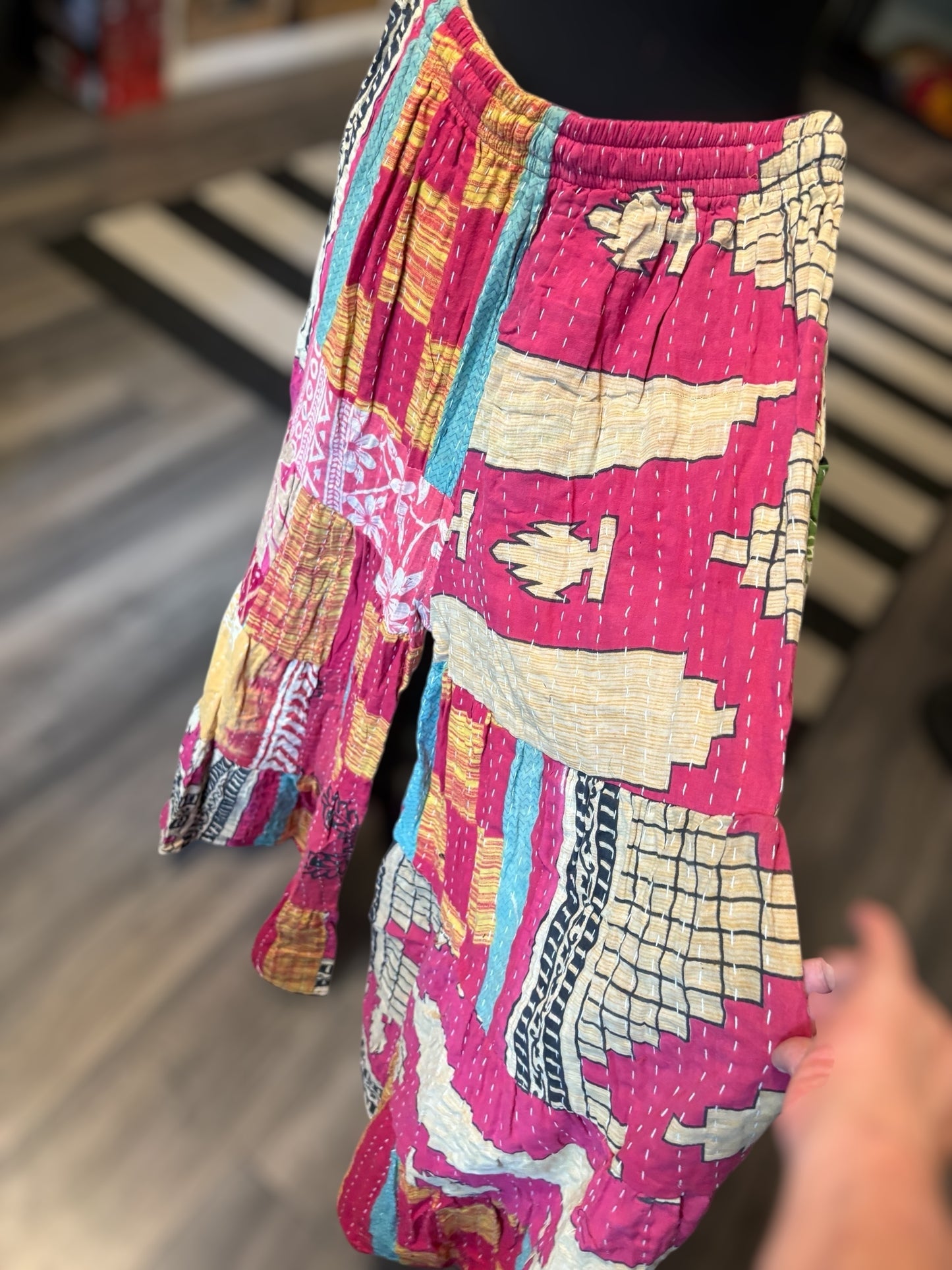 Donna Kantha Flowy Tiered Reversible Palazzo Pant with Pockets: One Size Fits Size 6-16