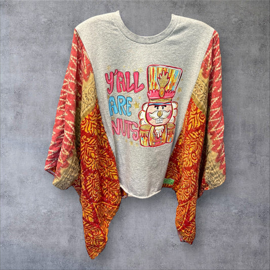 Yall Are Nuts Upcycled Vintage Kantha Poncho Tee Fits A Size Small to XXL