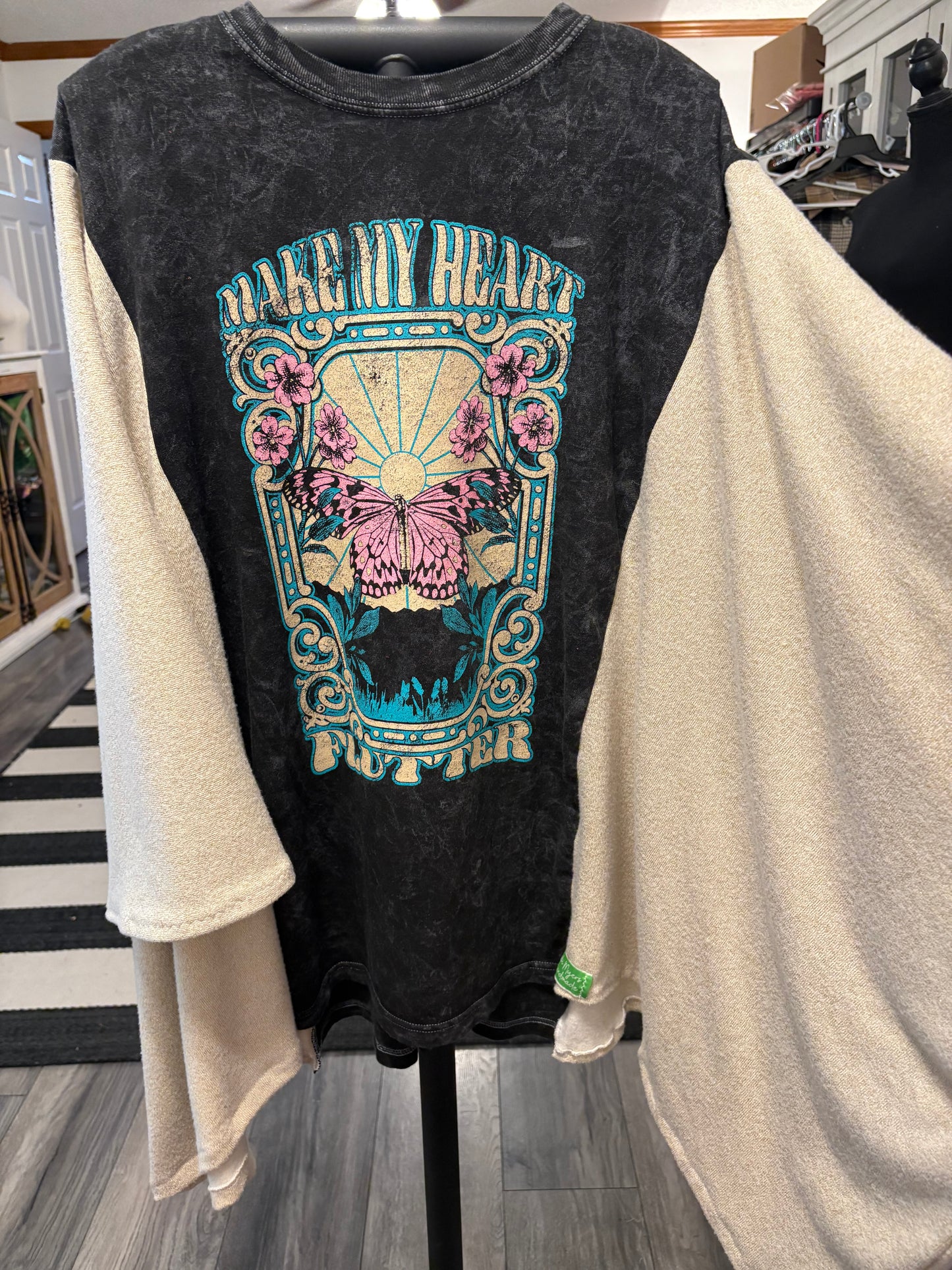 Heart Flutter Upcycled Drop-Sleeve Tee One Size Fits a Large to 4X