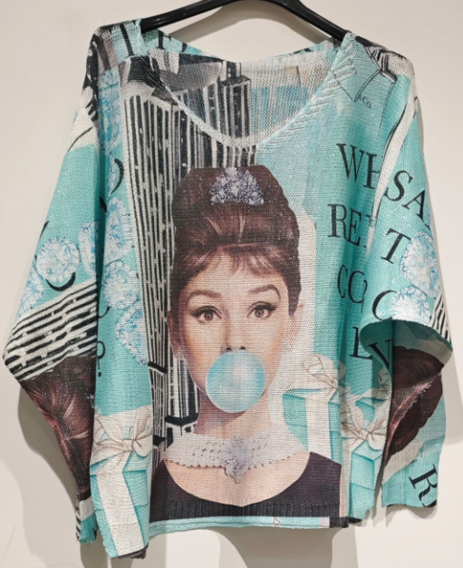 VI280 Blue Bubble Gum V-Neck Knit Printed Sweater LOOWIE