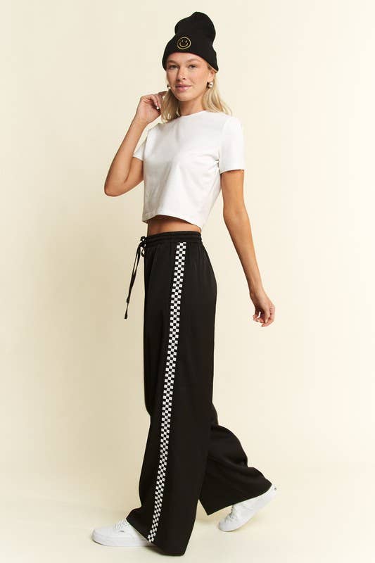 PLUS SIZE SOLID SATIN SWEATPANTS WITH SIDE CHECKERBOARD TAPE: Black
